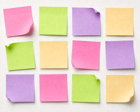 Colorful sticky notes arranged in grid on white background