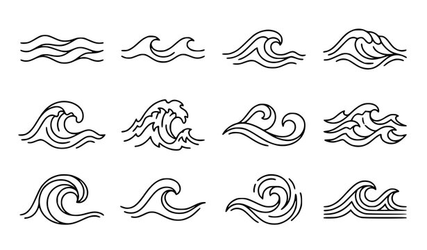 Minimalist ocean wave icons set, sea water splashes, surf and tide line symbols.
