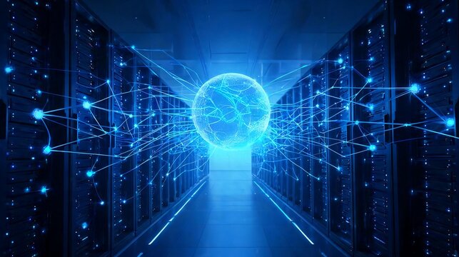 Conceptual 3D illustration of a glowing digital sphere or global network core inside a dark server room.