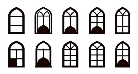 black white Islamic window silhouettes, arabic arch vector collection, mosque architecture illustration design, ornamental geometric window graphic, traditional islamic pattern artwork, decorative ara © mrpixel