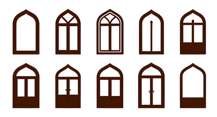 black white Islamic window silhouettes, arabic arch vector collection, mosque architecture illustration design, ornamental geometric window graphic, traditional islamic pattern artwork, decorative ara © mrpixel