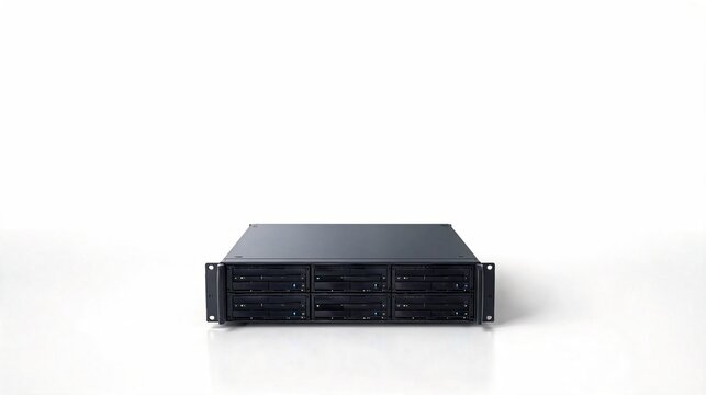 Professional 2U rackmount server chassis or network storage unit isolated on a clean white background. High-angle studio shot of enterprise hardware for data centers