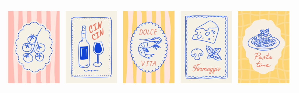 Set of summer italian mediterranean posters. Amalfi. Italian food. Vacation in Italy.  Hand drawn pasta, shrimp, tomato, wine. Vector illustration for poster or card.