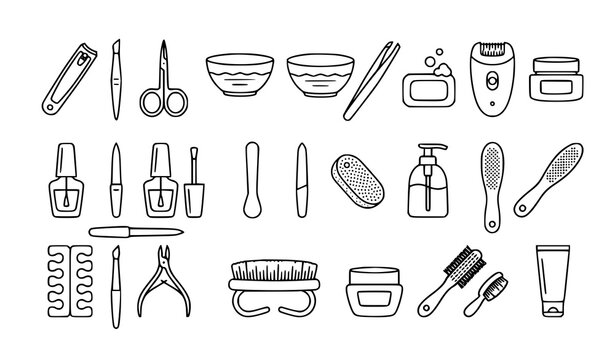 Beauty salon and manicure line icons, nail care tools, cosmetics and spa service symbols.