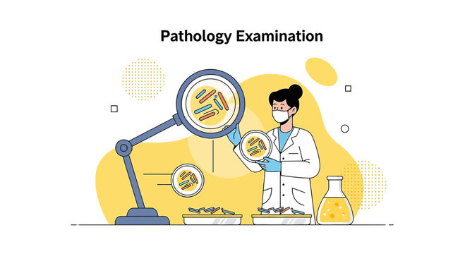 Pathology Examination: Scientist Analyzing Samples Under Magnifying Glass in Laboratory