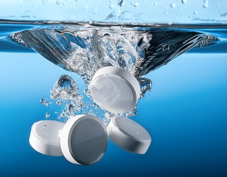 effervescent tablets are submerged in clear water creating bubbles and a sparkling effect demonstrating the fizzing action and vibrant atmosphere of the dissolving process