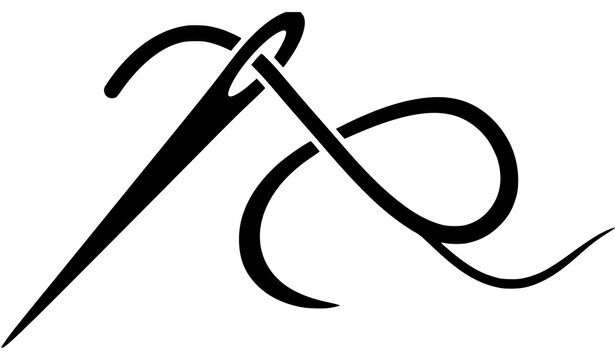 Needle with thread line art, fashion designer logo, sewing and handmade craft icon.