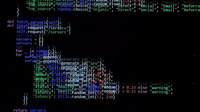Scrolling source code on dark screen. Glitchy programming text moves across the display. Software development, debugging, and data flow concept..
