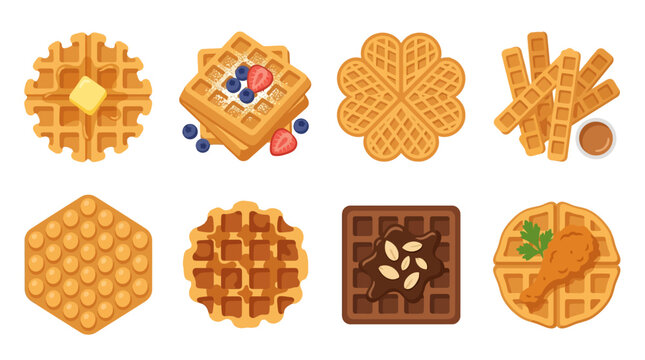 This flat vector illustration shows a collection of various delicious waffles including round square heart shaped and bubble style treats