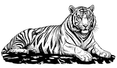Detailed tiger sketch illustration, resting wild cat, jungle wildlife animal line art. © Boloram