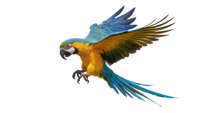 Blue and Gold Macaw Parrot Flying with Open Wings and Talons