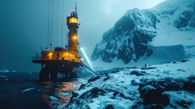 Industrial offshore drilling platform in icy Antarctic waters with snowy mountains backdrop