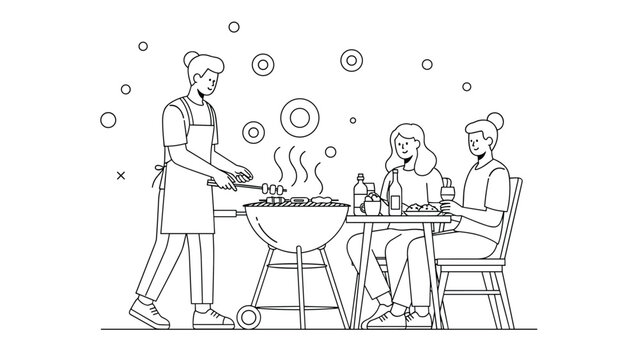Outline drawing of friends gathering outdoors for a backyard barbecue with one person grilling food and others sitting at a table.