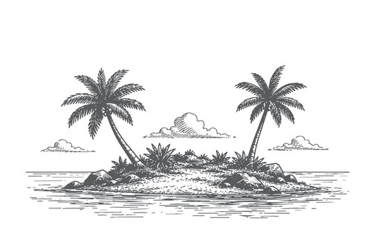 Twin palm trees on a small tropical island in vintage scratchboard style vector illustration for exotic travel and summer holiday branding