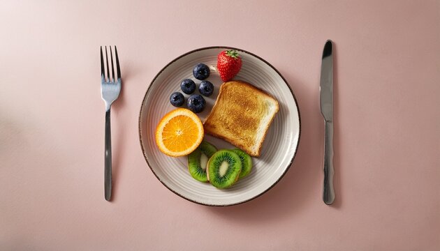 simple breakfast plate with fruit and toast on a minimalist surface