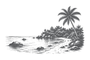 Detailed tropical island coast with palm trees and rocky shore in vintage engraving style vector illustration for summer holiday and exotic travel posters. © Chairul