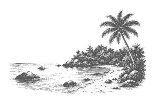 Detailed tropical island coast with palm trees and rocky shore in vintage engraving style vector illustration for summer holiday and exotic travel posters.