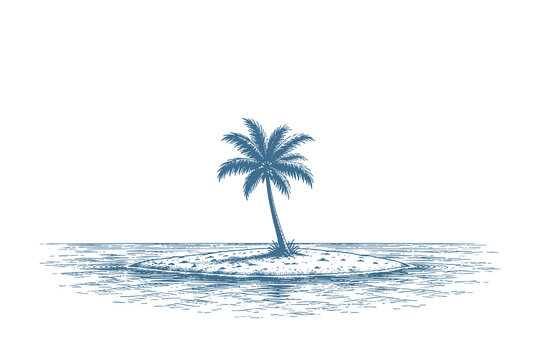 Minimalist small sandbank island with one palm tree in clean line art vector illustration for summer icon and tropical vacation concept