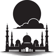 Mosque with minarets and domes silhouette against a large circle and clouds in outline style islamic © MC Creative