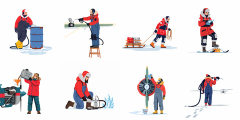 Set of flat vector illustrations depicting polar workers and aviators performing maintenance, refueling, and logistical tasks in an extreme arctic environment. © Maya