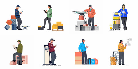 Fototapeta premium Flat vector illustrations set of logistics and delivery personnel using modern technology for package handling, inventory management, and shipping services.
