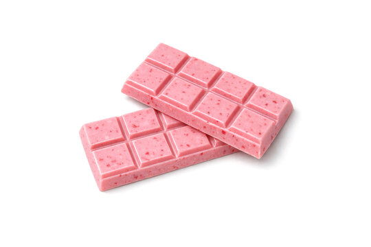 Pink chocolate bar with berry specks. Clean white background. Simple, minimalist composition. Sweet dessert appeal. Ideal for food and beverage projects. Crisp lighting highlights texture