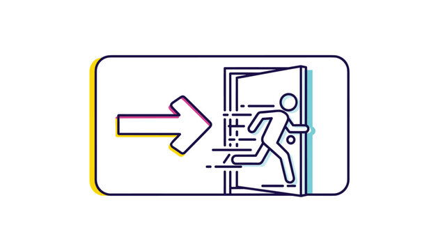 Emergency exit icon featuring a person running through a doorway with a large arrow pointing the way out on a rounded rectangle.
