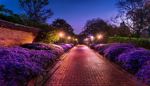 a pathway with a brick walkway and purple flowers the pathway is lit up with lights creating a warm and inviting atmosphere the flowers are purple and are scattered throughout the pathway