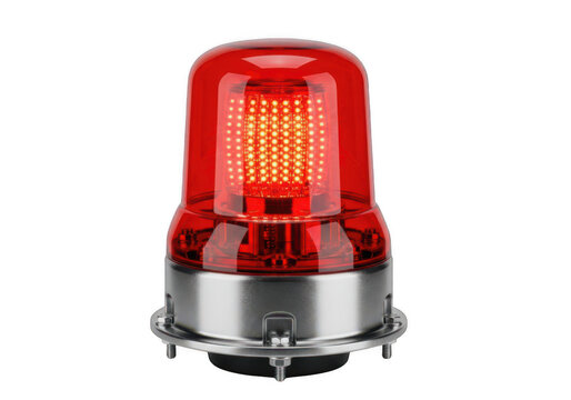 Bright red emergency warning strobe light beacon for industrial safety equipment isolated transparent png.