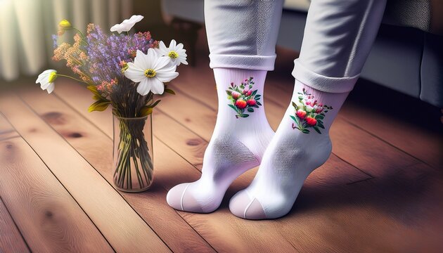a pair of white socks with flowers on them the flowers are in a vase and are placed on the floor