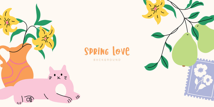 Hello Spring with flowers and green leaves. Season in love with flower blooming. Vector styling background.