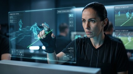 Fototapeta premium Futuristic Female VAR Referee Using Point Cloud Sports Analysis Interface