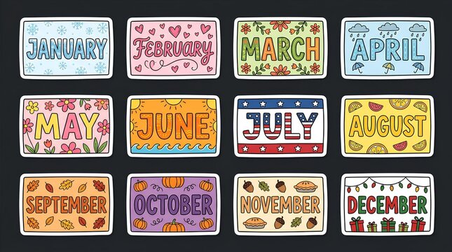 a playful hand-drawn calendar months themed vector illustration on a dark background