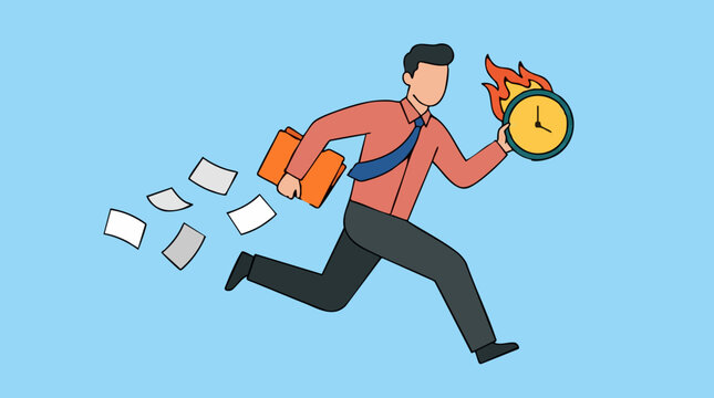 Businessman running with burning clock and flying papers, concept of urgency