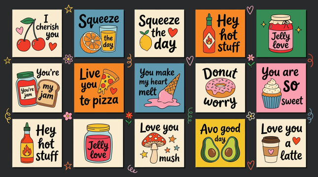 a hand-drawn greeting card poster set on a dark, with a grid of colorful mini cards with cute food and love-themed illustrations