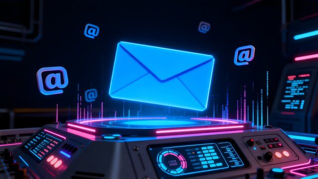 Neon email interface with control panel
