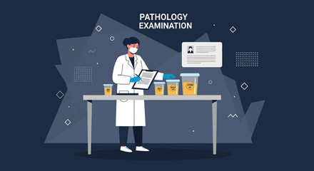 Naklejka premium Pathology Examination: Doctor Analyzing Medical Samples in Laboratory