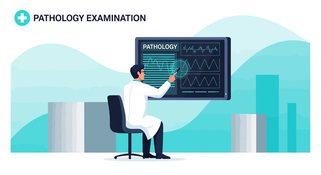 Pathology Examination: Doctor Analyzing Medical Data on Digital Screen