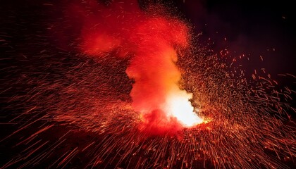 Obraz premium a vibrant red chemical flare burning intensely emitting dense smoke and brilliant sparks into the dark atmosphere during a nighttime celebration or signal texture hot rescue