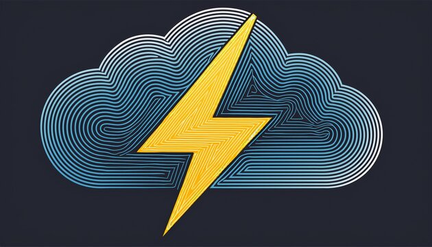 cloud with a yellow lightning bolt symbol in a single continuous line drawing style representing a storm energy and weather