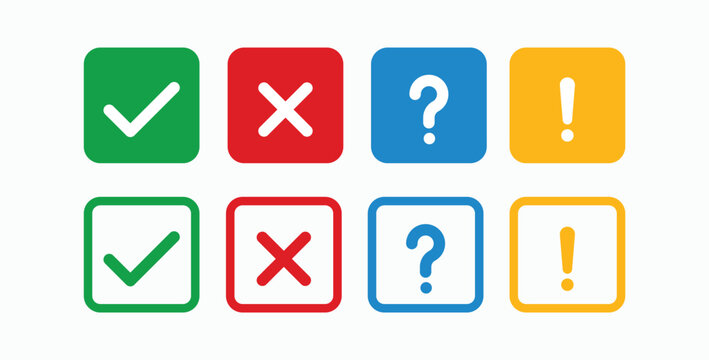 Green check mark, red cross mark, blue question marks, and yellow exclamation icons set.  Rounds and rounded  symbol