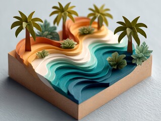 Obraz premium Paper craft diorama of a coastal scene with palm trees and ocean waves, evoking a sense of tranquility and artistry. 