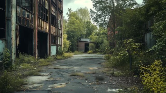 A path runs through an abandoned building complex with plants and trees growing in the urban area during daylight