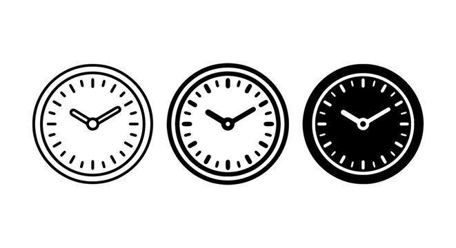 Clock Icons Set: Timekeeping Symbols, Analog Watch Faces, Vector Graphics