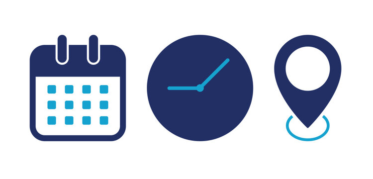 Time date and location icon set. event scheduling and time icons. Useful date and address details for navigation symbols. address representing meeting 
