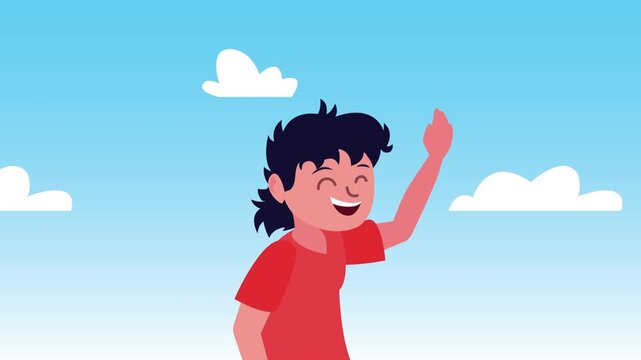Animated boy waving hello on a bright sunny day with fluffy clouds and blue sky background.