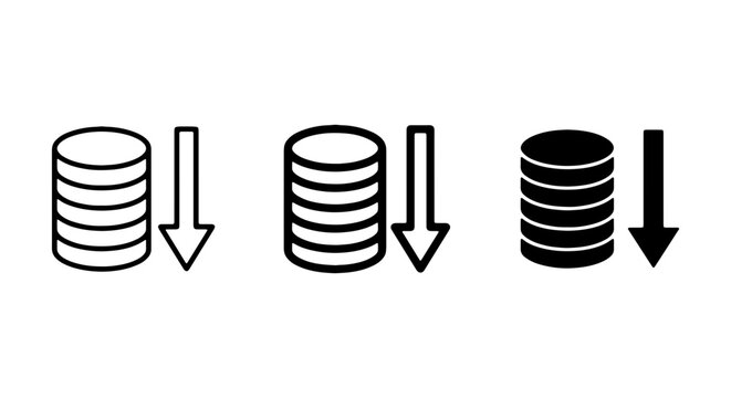 Money Stack Icons, Downward Arrow, Financial Decline, Economic Loss, Vector Set