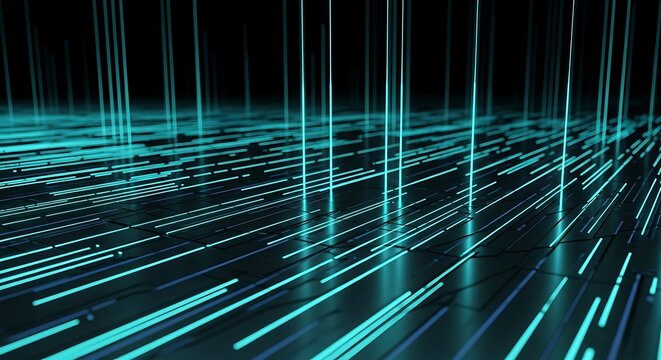 Abstract Digital Data Flow With Glowing Cyan Light Lines On Dark Background.