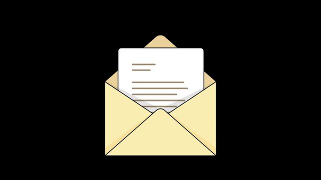 Seamless loop animation of an open envelope with a letter moving in and out, representing incoming mail or digital communication, isolated on a transparent alpha channel background