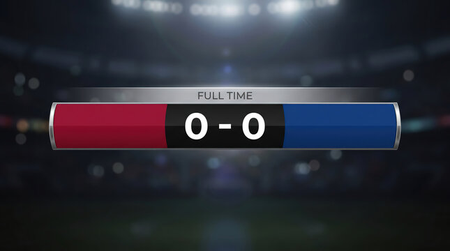 Football soccer photorealistic broadcast scoreboard graphic overlay full time score bar template dark stadium bokeh background sport match design